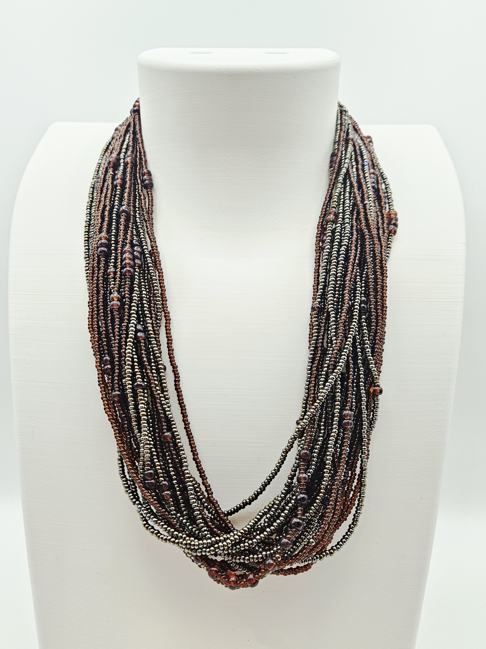 Layered Multi-Strand Beaded Necklace in Brown and Black